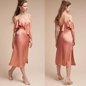 AMUR Peach Midi Dress Size 0 XS Ruffles Romantic Satin Statement Sleeves